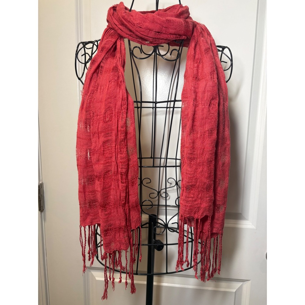 Lightweight Open Weave Scarf - Coral Red Textured Wrap
